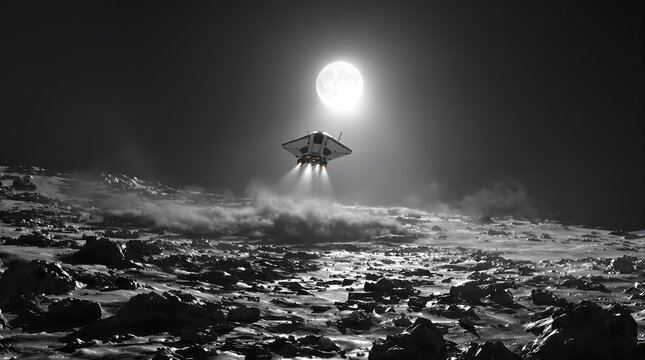 Lunar Landing: Spaceship Descent under Moonlit Sky - Powered by Adobe