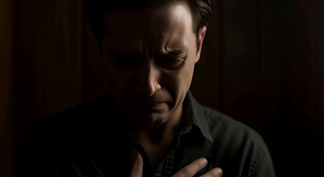 remorseful man with brows furrowed, lips pressed tight, hand to chest and downward head tilt in a dim confessional booth