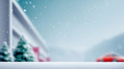 Snowy Winter Scene with Red Car and Christmas Trees