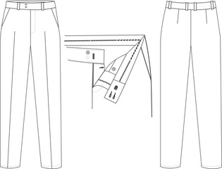 Men's Trousers Front and Back Illustration, Formal Pants with Belt Loops and Pleats Design