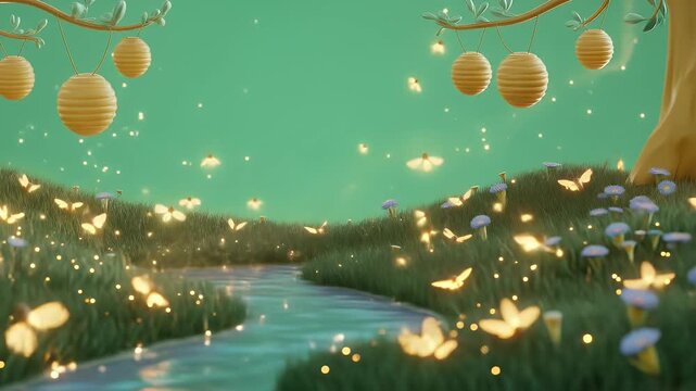 Enchanted Meadow with Winding Stream Blue Flowers and Golden Fireflies Beneath a Dreamy Green Sky with Hanging Golden Lanterns a Serene 3D Animation