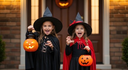Fototapeta premium Cute Little Witch Sisters Celebrating Halloween Going Trick Or Treating at Front Door With Pumpkin Lanterns