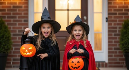 Fototapeta premium Two Young Girls in Halloween Costumes Enjoying Trick or Treating Near a House on Spooky Evening