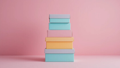 Stack of Pastel-Colored Cardboard Boxes on Pink Background
