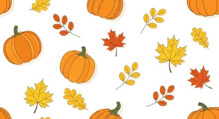 A Colorful Autumn Background With Pumpkins And Leaves Set Against a White Backdrop