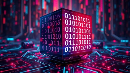 A glowing cube displays binary code on a futuristic circuit board representing digital data and technology innovation.