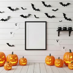 Halloween Mockup Featuring Pumpkins Bats and Ghosts in a White Room Setting Perfect for Spooky Promotions