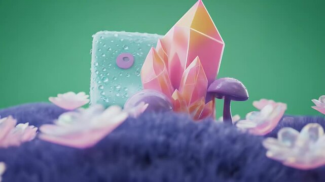 Enchanting Sparkling Blue House with Radiant Pink Crystals on Violet Hill Covered in Flowers in Green Background 3D Render