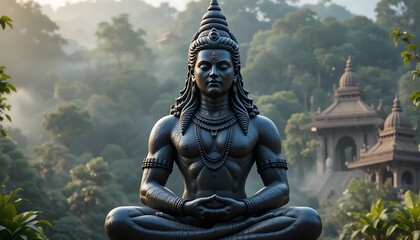 Obraz premium Serene Shiva Statue Amidst Misty Mountains