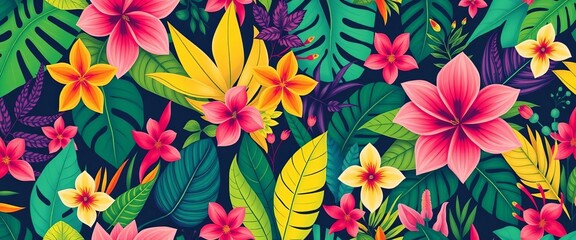 Vibrant tropical foliage & blooms in bold geometric patterns, whimsical seamless repeat, trendy, illustration