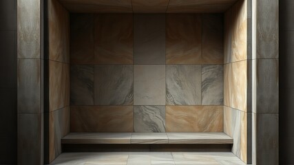 A minimalist empty alcove with beige and gray stone tiles features a simple stone shelf perfect for product display or design mockups.
