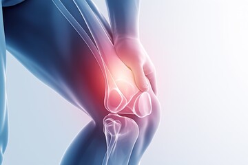 Close-up knee joint pain illustration with red highlighted areas, medical anatomy concept on isolated white and soft blue background