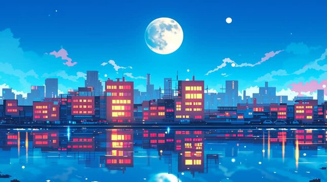 ネオンが美しく輝く1980年代風レトロポップな都会の満月夜景・青とピンクの色合いがノスタルジックで幻想的な都市イラスト背景素材・未来的なエモさ溢れる夜の街並み・美しい都市風景