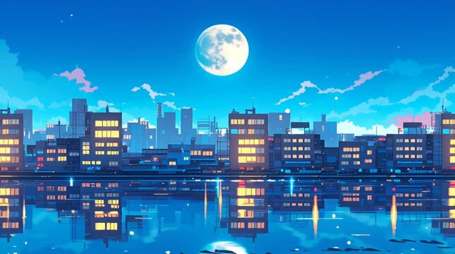 ネオンが美しく輝く1980年代風レトロポップな都会の満月夜景・青とピンクの色合いがノスタルジックで幻想的な都市イラスト背景素材・未来的なエモさ溢れる夜の街並み・美しい都市風景