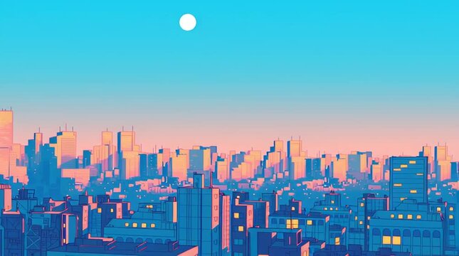 ネオンが美しく輝く1980年代風レトロポップな都会の満月夜景・青とピンクの色合いがノスタルジックで幻想的な都市イラスト背景素材・未来的なエモさ溢れる夜の街並み・美しい都市風景