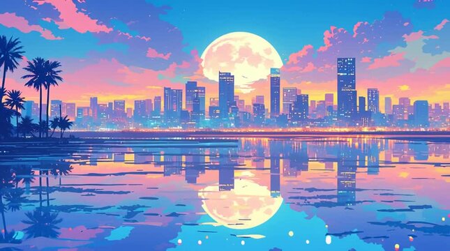 ネオンが美しく輝く1980年代風レトロポップな都会の満月夜景・青とピンクの色合いがノスタルジックで幻想的な都市イラスト背景素材・未来的なエモさ溢れる夜の街並み・美しい都市風景