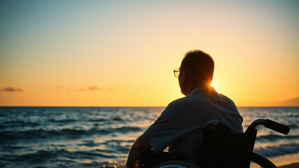 A man in a wheelchair sits on the beach watching a vibrant sunset over the ocean reflecting on life's journey.