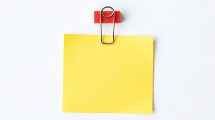 A blank yellow sticky note is attached to a white background using a red and silver binder clip.