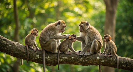 Fototapeta premium A family of monkeys on a branch in a lush forest