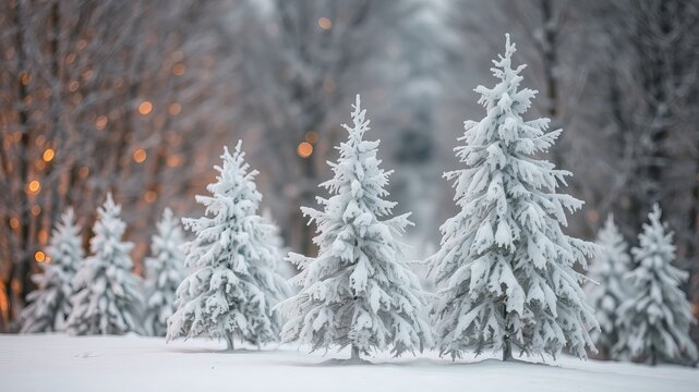 A picturesque winter scene featu snow-covered evergreen trees illuminated by warm bokeh lights in a tranquil forest setting. - Powered by Adobe
