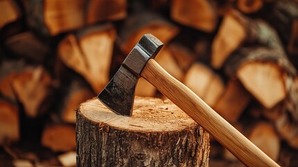 A sharp axe in mid-swing splitting firewood