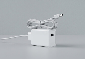 White USB Charger with Cable on Gray Background