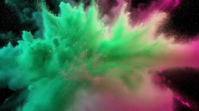 Abstract explosion of pink and green powder against a black background, colorful dust particles, vibrant artistic design.