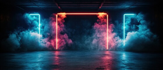 Vibrant neon light arches create a futuristic entrance with colorful illuminated clouds and reflections