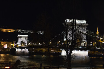 Danube embankment at the evening and night. Autumn in Budapest. Old architecture. High resolution...