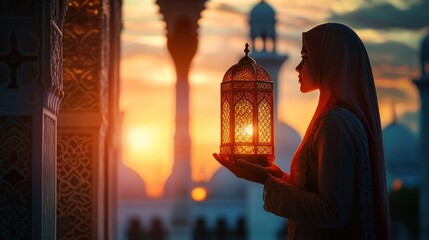 A moment of spiritual reflection during Ramadan at dusk in the mosque