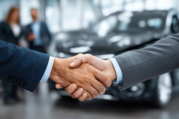 Successful Business Deal: Close-up of a Handshake in a Car Dealership.  Perfect for concepts of partnership, agreement, and automotive sales. High-quality image for marketing and advertising.