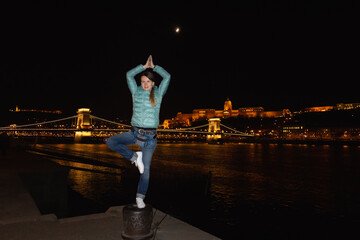 Danube embankment at the evening and night. Autumn in Budapest. Old architecture. High resolution...