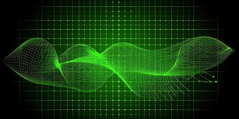 Abstract green wave on grid background, tech concept, digital backdrop