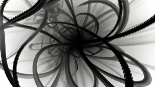 Abstract fractal design with black rings and swirls on white background, graphic art.