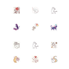 Twelve adorable cat illustrations in various poses