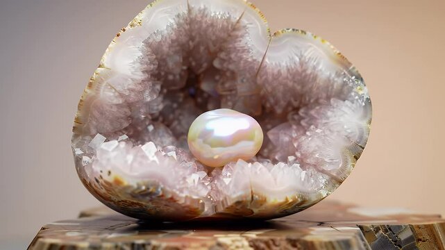Geode with Iridescent Pearl Sitting on Wood Base Against Blurred Background Symbolizing Rare Beauty