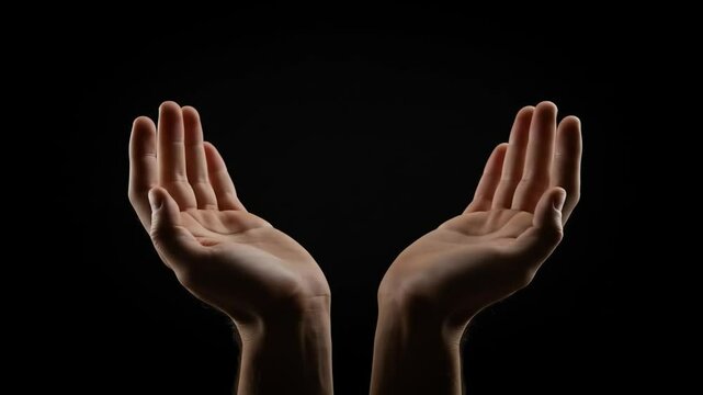 Open Hands: A poignant depiction of two hands, palms upturned against a stark, inky backdrop, evoking a sense of offering, vulnerability, and silent supplication.