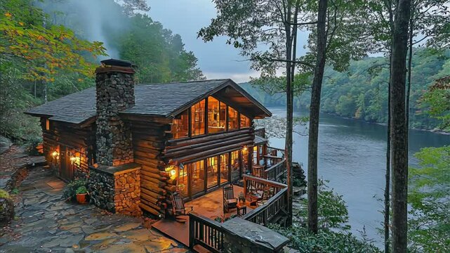 Cozy Cabin Retreat Beside a River in a Lush Forest, Peaceful and Serene