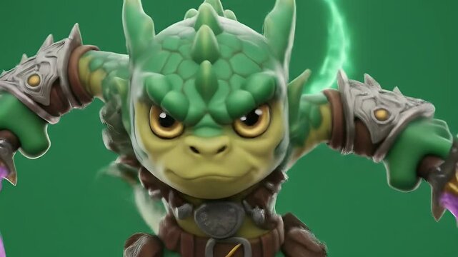 Green Lizardman Character Standing with Swords Isolated on Green Screen For Visual Effects and Gaming Assets Front View