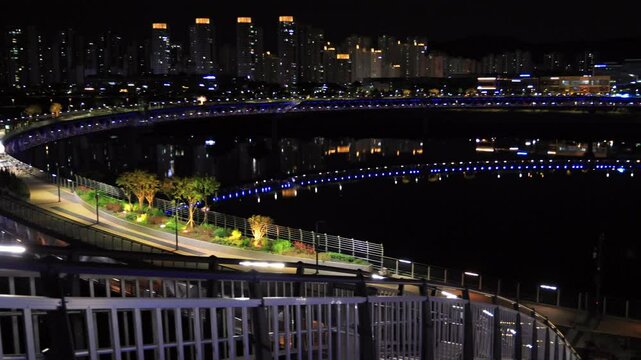 Left to Right Pan Over Geumgang Pedestrian Bridge and Sejong Nightscape