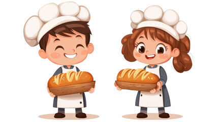 Cute Bakery chef boy and girl Carrying bread smiling on white background