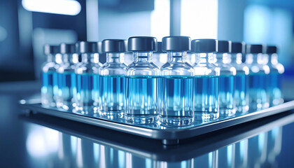 Innovation in the Lab: A precise arrangement of vials filled with a vibrant blue liquid, meticulously displayed on a metallic tray within a laboratory setting.