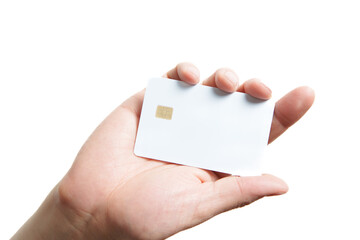 Hand holding white credit card on white background