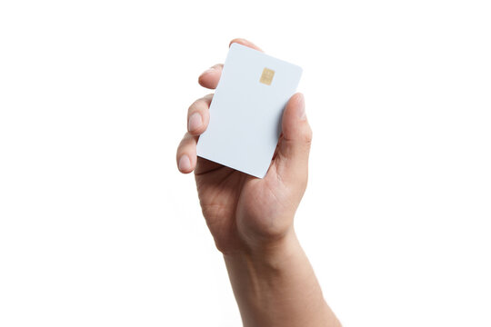 Hand holding white credit card on white background