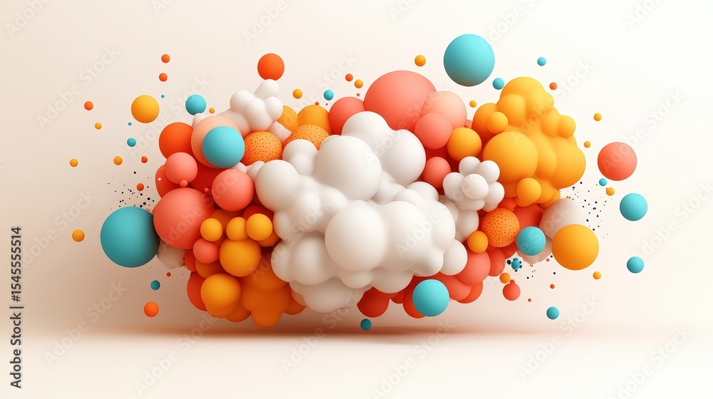 Poster vibrant colorful abstract composition with numerous spheres and clouds creating a dynamic visual sce