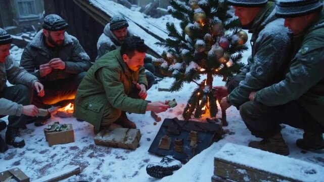 Soldiers decorating small Christmas tree in snowy trench