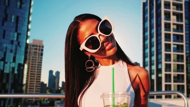 Stylish woman in cat‑eye sunglasses sipping iced drink downtown