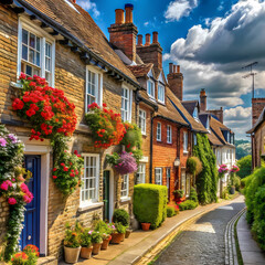 Charming English Village: Picturesque Street Scene with Vibrant Flowers