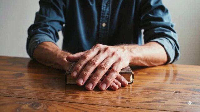 Weathered craftsman hands folded on rustic wooden tasble