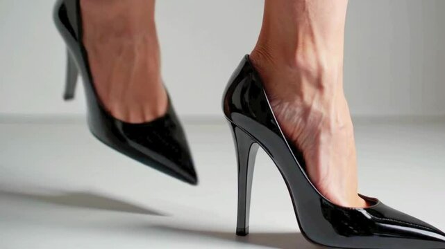 4K Video of a Woman Wearing a Pair of Black Leather High Heels With a White Background
